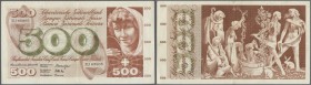 Switzerland: 500 Franken 1965 P. 51d, center and horizontal fold, light creases in paper, no holes or tears, still crispness left, original colors, co...