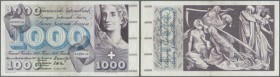 Switzerland: 1000 Franken 01.01.1967, serial # 4D99736, P.52h(1), used condition with several stains and folds, tiny tear at left border. Condition: F
