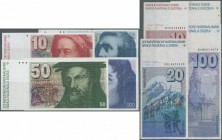 Switzerland: set of 4 different banknotes containing: 10 Franken ND(1981-86) P. 53 (UNC), 20 Franken ND(1989-92) P. 55 (F), 50 Franken 1978 P. 56a (XF...