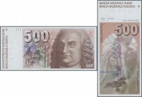 Switzerland: 500 Franken 1992 P. 58c, key note, very light center fold, no holes or tears, crisp original paper and bright colors, condition: aUNC to ...