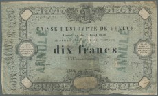 Switzerland: 10 Francs 1856 Caisse D'Escompte de Genève P. S311, used with several folds, stamped ANNULÉ three times, one large taped tear from the lo...