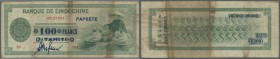 Tahiti: 100 Francs ND(1943), P.17 in heavily used condition with large brownish stains, folds and some pinholes. Condition: F-