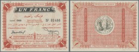 Tunisia: 1 Franc 1918 P. 33b, watermark ”1910” with strong paper and colors, light fold in center. Condition: XF+.