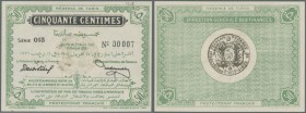Tunisia: 50 Centimes 1918 P. 35 with low serial #00007 in condition: very slight glue residual at back center, aUNC.