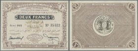 Tunisia: 2 Francs 1918 P. 37c with light glue residuals at upper left and right corner on back, original paper and colors, no folds, condition: XF+.