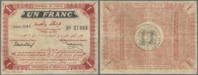 Tunisia: 1 Franc 1918 P. 43. This small size banknote is used with staining in paper, a stronger center fold and 2 pinholes at left and was probably p...