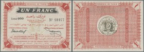 Tunisia: 1 Franc 1919 P. 46a, crisp paper, strong colors, slight corner fold at upper left, condition: aUNC.