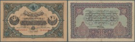Turkey: 2 1/2 Livres L.1932 P. 100. The note issued under the ”Dette Publique Ottomane” has a stronger center fold and handling in paper but no holes ...