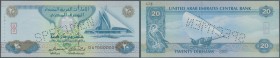 United Arab Emirates: 20 Dirhams ND(1997-2008) Specimen P. 21s with Specimen perforation at center and zero serial numbers. A highly rare issue which ...