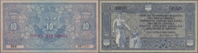 Yugoslavia: 10 Dinars red overprint 40 Kronen 1919 P. 17, not folded, slight dint at lower right, condition aUNC.