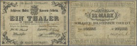 Schleswig-Holstein: 1 Thaler = 2 1/2 Mark Courant 1848, PiRi A488 in stark gebraucht mit Knicken, Flecken und kleinem Loch oben rechts. Erhaltung: F-
