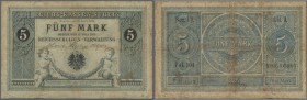 5 Mark der Reichsschuldenverwaltung 1874, Ro.1, in stärker gebrauchter Erhaltung mit kleinem Loch in der Mitte der Note. Selten! Erhaltung: F-