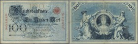100 Mark 1891, Ro.12 in hübscher gebrauchter Erhaltung mit kleinen Einrissen am unteren und oberen Rand der Note. Sehr selten! Erhaltung: F