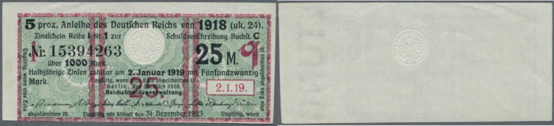 Zinskupon der Kriegsanleihe 1918, Serie Q zu 25 Mark, Ro.61d in leicht gebraucht...