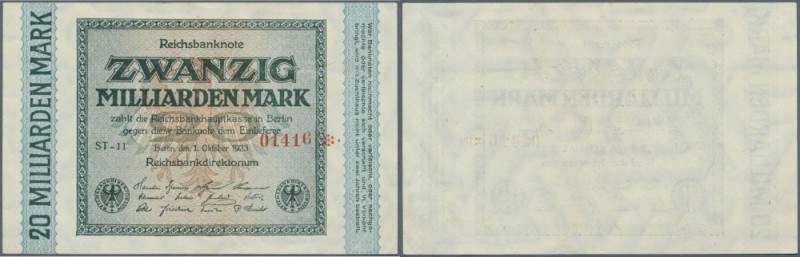 20 Milliarden Mark 1923 Ro. F115a, Fehldruck Wertzeile links in aUNC.