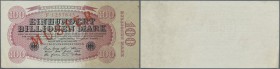 100 Billionen Mark 1923 mit rotem Aufdruck MUSTER und regulärer Seriennummer in sehr schöner, leicht gebrauchter Erhaltung mit kleineren Knickstellen ...