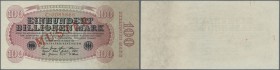 100 Billionen Mark 1923 mit Überdruck MUSTER aus laufender Serie, Ro.125M in fast perfekter Erhaltung, Rostspuren einer Büroklammer auf der Rückseite....