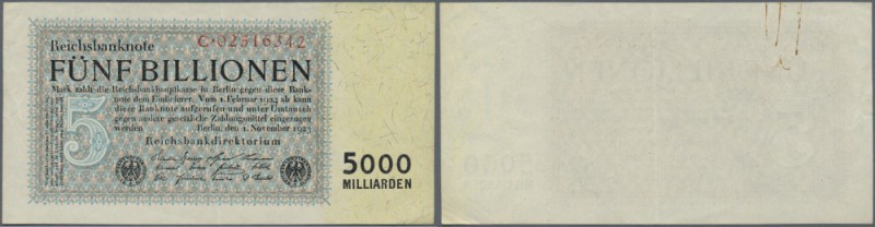 5 Billionen Mark 1923 Ro. 127a, leicht gebraucht mit Heftklammerspuren auf der R...