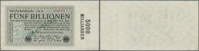 5 Billionen Mark 1923, Ro.133f Muster mit Serie 000000 und grünem Überdruck wertlos. Kleine Klebereste an den Ecken und Knick oben rechts, sonst tadel...
