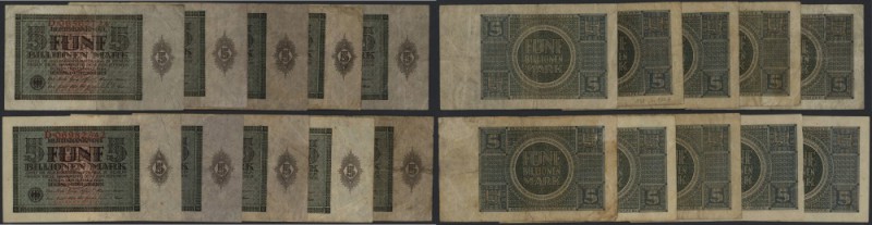 5 Billionen Mark 1924, Ro.138, Set von 10 Banknoten in gebrauchter Erhaltung mit...