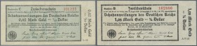 Zwischenscheine der Schatzanweisungen der Reichsbank zu 0,42 Mark Gold und 1,05 Mark Gold 1923, Ro.139, 140 in leicht gebrauchter Erhaltung (2 Banknot...
