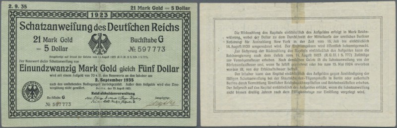 Schatzanweisung der Reichsschuldenverwaltung über 21 Mark Gold 1923, Ro.150a in ...