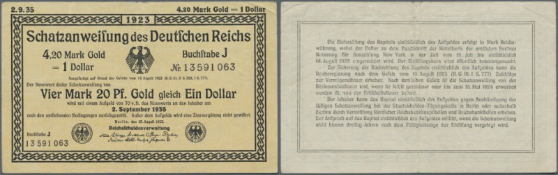 Schatzanweisung über 4,20 Mark Gold = 1 Dollar 1923, Ro.151b, in gebrauchter Erh...