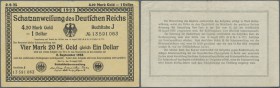 Schatzanweisung über 4,20 Mark Gold = 1 Dollar 1923, Ro.151b, in gebrauchter Erhaltung mit einigen Knickstellen. Erhaltung: F+