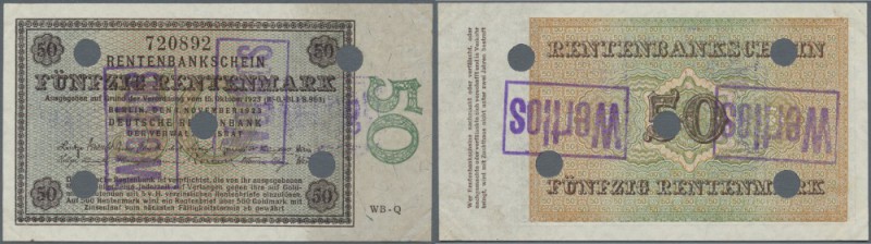 50 Rentenmark 1923, Ro.158 mit mehreren Entwertungslöchern und Stempel ”wertlos”...
