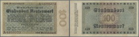 100 Rentenmark 1923, Ro.159 in gebrauchter Erhaltung, wahrscheinlich beschnitten mit einigen Knickstellen und winzigen Einrissen am unteren und oberen...