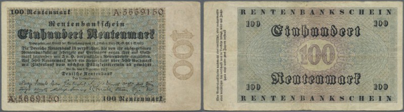 100 Rentenmark 1923, Ro.159 in stärker gebrauchter Erhaltung mit winzigen Einris...