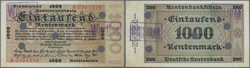 1000 Rentenmark 1923, Ro.161 mit mehreren Entwertungslöchern, Stempel ”wertlos”,...