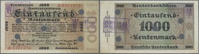 1000 Rentenmark 1923, Ro.161 mit mehreren Entwertungslöchern, Stempel ”wertlos”, winzigen Nadellöchern und kleinen Knickstellen an den Ecken, da vermu...