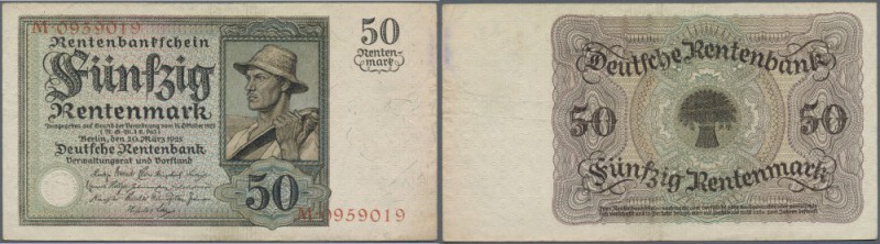 50 Rentenmark 1925, Ro.162 in gebrauchter Erhaltung mit einigen Flecken und Knic...