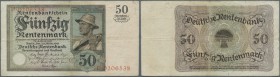 50 Rentenmark 1925, Ro.162 in stärker gebrauchter Erhaltung mit kleinen Rissen am oberen Rand und kleinem Loch oben rechts. Erhaltung: F-