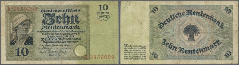 10 Rentenmark 1925, Ro.163 in stärker gebrauchter Erhaltung mit einigen Knicken ...