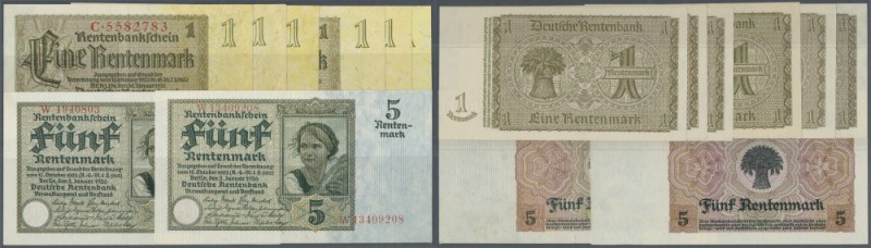 Set mit 8 Banknoten, dabei 5 Rentenmark 1926 7- und 8-stellig mit minimalen Gebr...