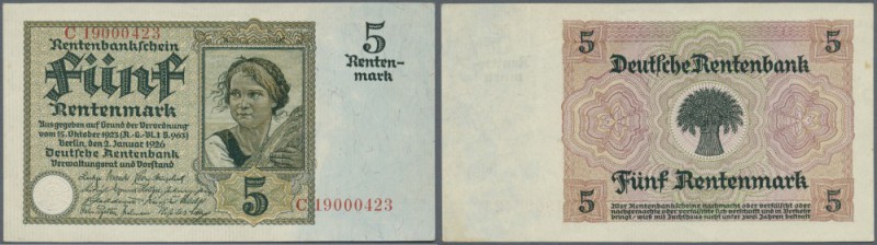 5 Rentenmark 1926, Ro.164b in hervorragender Erhaltung, lediglich ein leichter s...