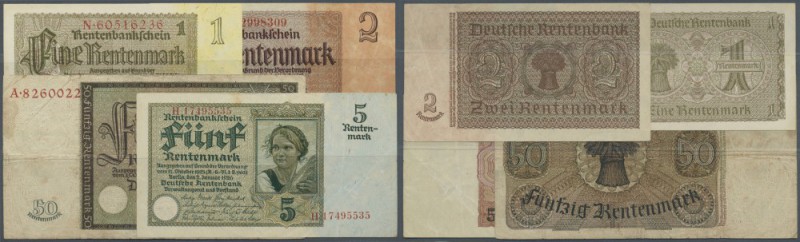 kleines Lot mit 4 Banknoten der Rentenbank mit 5 Rentenmark 1926, 50 Rentenmark ...