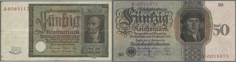 50 Rentenmark 1934 Freiherr vom Stein und 50 Reichsmark 1924, Ro. 165, 170 in sc...