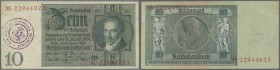 10 Reichsmark Notausgabe 1945 mit belgischem Gemeindestempel Moresnet, Ro.173f in gebrauchter Erhaltung mit Flecken und diversen Knicken. Erhaltung: F
