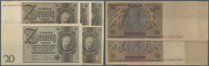 Set mit 5 Banknoten 20 Reichsmark 1929, dabei auch die seltenen Ausgaben ohne Un...