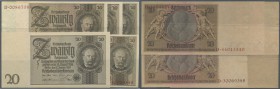 Set mit 5 Banknoten 20 Reichsmark 1929, dabei auch die seltenen Ausgaben ohne Unterdruck und Serie und eine Ausgabe mit brauner, statt roter Kontrolln...