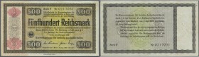 Reichskonversionskasse: 500 Reichsmark 1934 mit Heftlöcher, ohne Perforation, Ro.714 mit winzigen Einrissen am oberen Rand und einigen Knicken. Sehr s...
