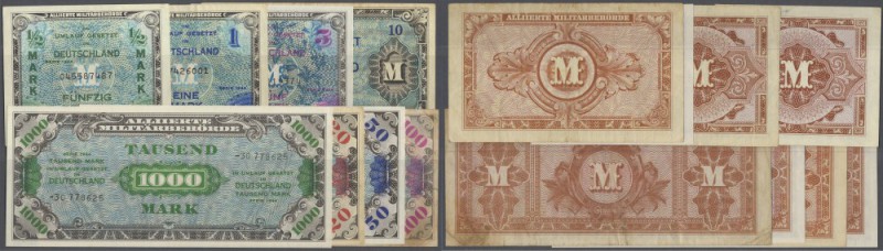 Set mit 8 Banknoten der AMB 1944 von ½ Mark bis 1000 Mark, dabei 1/2, 1, 10 und ...