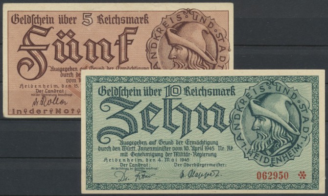 Heidenheim, Landkreis und Stadt, 5 Reichsmark, 15.4.1945, Erh. II-, 10 Reichsmar...