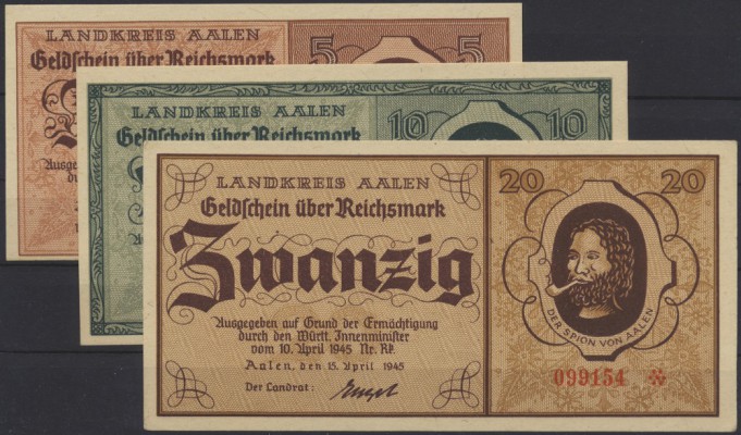 Aalen, Landkreis, 5, 10, 20 Reichsmark, 15.4.1945, mit KN, Erh. I, 3 Scheine