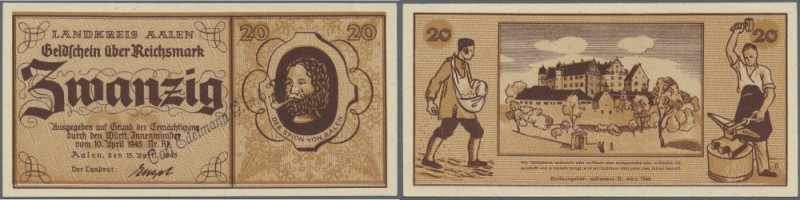 Aalen, Landkreis, 5, 10, 20 Reichsmark, 15.4.1945, ohne KN, jeweils mit viol. St...