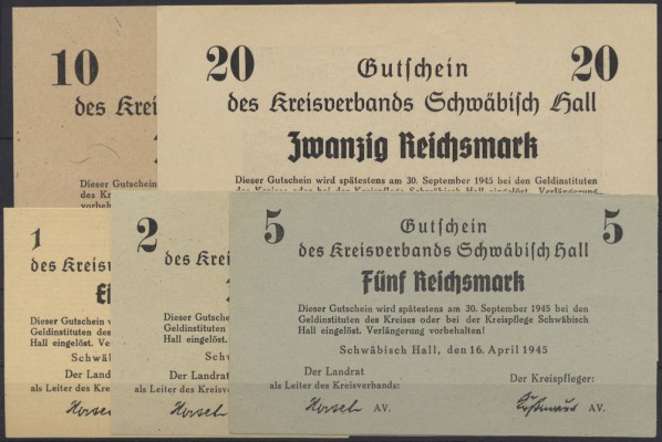 Schwäbisch Hall, Kreisverband, 1, 2, 5, 10, 20 Reichsmark, 16.4.1945, Erh. I, 5 ...