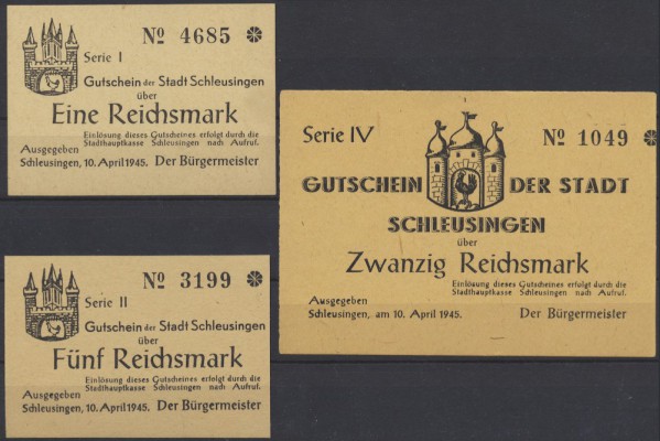 Schleusingen, Stadt, 1, 5, 20 Reichsmark, 10.4.1945, Erh. I, 3 Scheine